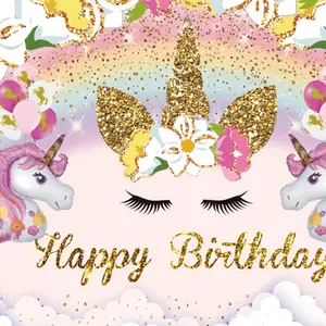 יום הולדת שמח Unicorn המפלגה בלוני קשת פרח זהב נקודות תינוק ילד באנר תמונה רקע צילום רקע