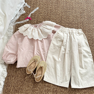 Nuovi Arrivi: <span class=keywords><strong>Pantaloni</strong></span> Coreani a Gamba Larga in Cotone Tinta Unita con Pieghe, Vestibilità Slim, Taglio Corto ed Elastico in Vita <span class=keywords><strong>per</strong></span> Bambine - Product Image 3