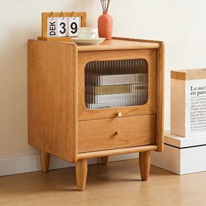 Table de chevet simple en bois de cerisier massif avec tiroir et porte en verre pour le rangement de la chambre - Product Image 1