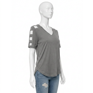 Camiseta de punto casual para mujer, gris, con cuello en V, manga corta, diseño de hombros ahuecados, ajuste holgado, para primavera y verano - Product Image 3