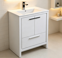 Meuble-lavabo de salle de bain moderne en PVC blanc sur pied, armoire étanche avec double porte et tiroir