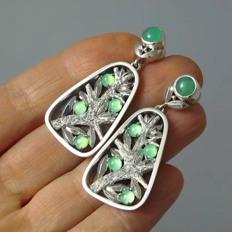 CAOSHI Vintage Natural Tree Style Earring Old Silver Plated Fashion for Women Green Opal Pendant Earrings