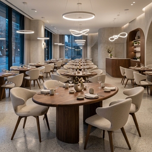 Ensemble de meubles de restaurant commercial d'hôtel, table ovale en bois de luxe moderne J2S et chaise courbée, design d'intérieur, solution tout-en-un - Product Image 1