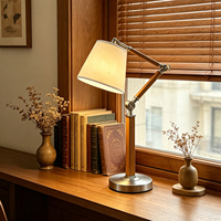 Lampe de table vintage à bras articulé en bois massif, abat-jour en tissu, lampe de chevet réglable pour bureau et chambre à coucher