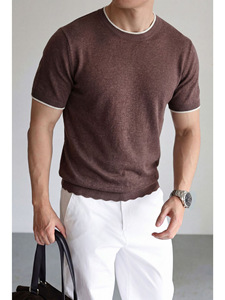 T-shirts décontractés d'été pour hommes en lin et lyocell tricoté, style Old Money, amples, respirants et polyvalents, couleur unie - Product Image 2