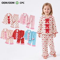 Ensemble pyjama pour filles, manches longues, boutons sur le devant, pantalon à volants, imprimé nœud, vêtements de nuit pour tout-petits, boutique, fournisseur en gros OEM
