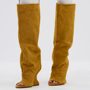 Nuevas botas de Punta abierta de gamuza con tacón de cuña para mujer, botines hasta la rodilla para mujer - Product Image 1