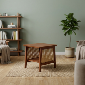Mesa de Noche Moderna de Mediados de Siglo con Diseño de Panel de Ratán, Muebles para Dormitorio - Product Image 5