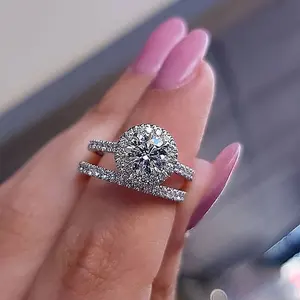 草石定制设计8毫米钻石锆石镀银订婚女指环套装风格圆形切割戒指
