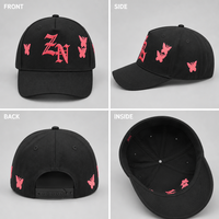 Casquette de baseball noire personnalisée 5 panneaux avec broderie 3D en relief papillon, visière incurvée, réglable, style streetwear, vente en gros, OEM, faible MOQ