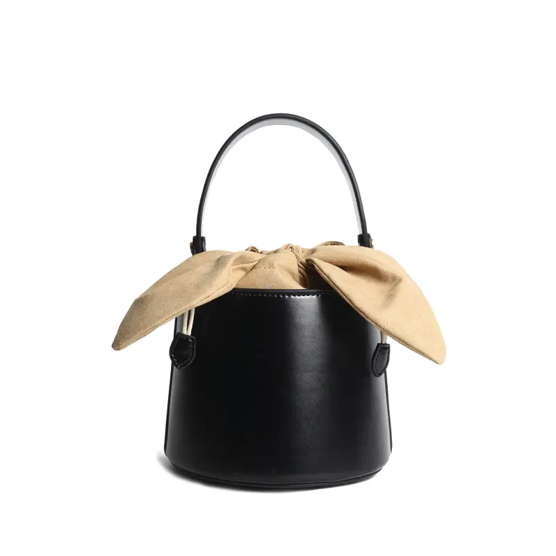 Top grade bowknot circular drawstring women shoulder crossbody bucket leather handbag retro versatile