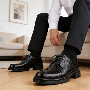 Zapatos Oxford de Vestir para Hombre, de Piel de Cocodrilo Negra, con Punta Redonda y Cordones, Suela de Goma, para Todas las Temporadas, Oficina y Eventos Formales - Product Image 1