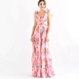 Robe de soirée longue sans manches en mousseline à imprimé floral, col en V, taille empire, avec superposition transparente pour femme - Product Image 2