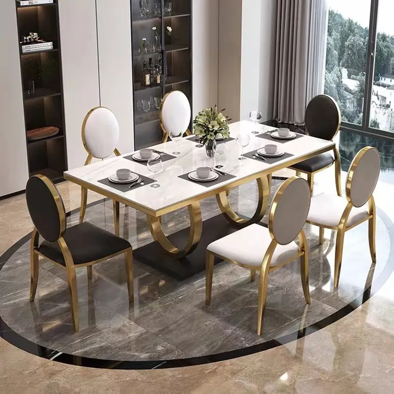 Novo modelo de alta qualidade metal mármore restaurante móveis mesa de jantar conjunto de mesa e cadeiras