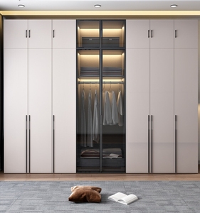 Furnitur kamar tidur Modern warna kustom kaca Modular dan lemari kabinet kayu keras Solid dengan pintu penyusun pakaian - Product Image 6