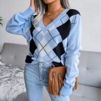 Dropshipping New Casual Top Pull en tricot à col en V pour femmes Preppy Style Diamond Casual Knitted Top For Women