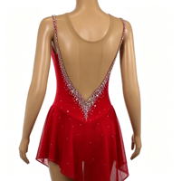 Robe de patinage artistique rouge sans manches pour spectacle, avec décolleté en V profond, dos ouvert en maille, strass et jupe asymétrique pour enfants