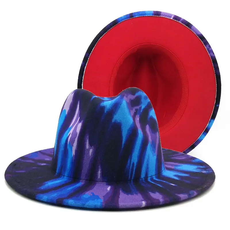 Double-Sided Tie Dye Woolen Fedora Wide Brim Floppy Felt Hat for Unisex Outdoor Travel Beach Fishing Hat Men Women Top Hat