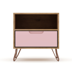 Mesita de noche rosa con marco de madera y patas de metal para almacenamiento en el dormitorio - Product Image 1