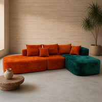 Canapé modulaire en velours côtelé orange brûlé et vert, en forme de L, avec chaise longue, bicolore, profil bas, pour salon