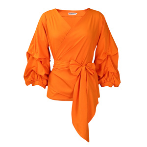 เสื้อยืดคอวีเซ็กซี่สำหรับผู้หญิงเสื้อยืดแขนพองผูกไขว้ไร้สายสีพื้นแฟชั่น - Product Image 5