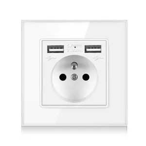 Best Sale 86x86mm EU Tempered Glass Socket with USB Charging Wall Mounted UK Standard 250V AC 16A 5V 1A Plug Copper Conductor