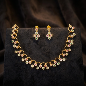 Elegant Matte Gold CZ Crystal Star Flower Chain Necklace <b>Set</b> Small Drop Earrings Ruby Pink Stone Minimalist Indian Jewelry Zinc - Product Image 3