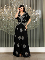 Robe kaftan marocaine, coupe trapèze, manches courtes, taille élastique, perles de cristal, col en V, robe de soirée florale pour femmes musulmanes