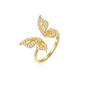 Fashion Design 18k gold Stainless Steel Adjustable Natural Crystal Open Butterfly Bow Ring With Bow