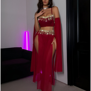 Ensemble de lingerie <span class=keywords><strong>sexy</strong></span> pour danse du ventre, avec strass, dentelle, tissu polyester Dobby, cape semi-transparente, jupe et crop top à franges métalliques - Product Image 2