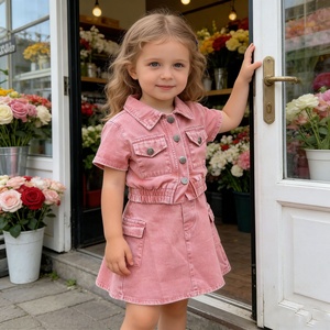 Conjunto de Dos Piezas de Mezclilla Vintage Rosa de Manga Corta para Niñas Pequeñas, Dulce, Moderno, Cómodo y Transpirable, Atuendo de Verano para Niños - Product Image 6