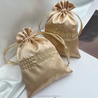 Sac d'emballage en satin or champagne de luxe personnalisé, emballage cadeau, pochette à cordon avec logo brodé personnalisé