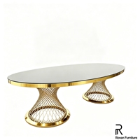 Table de banquet ovale de luxe haut de gamme en acier inoxydable doré avec base sablier en maille pour mariage, événement, fête, hôtel