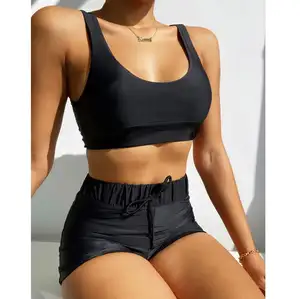 Pakaian Renang Wanita Satu Potong Hitam Polos, Baju Renang Desain Baru Tankini Vintage 2021, Pakaian Pantai Olahraga Pinggang Tinggi Grosir Baju Mandi