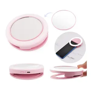 Groothandel Mini Pocket Roze Magnetische Spiegels Ronde Plastic Zakspiegel Make-Up Spiegel Met Led Licht