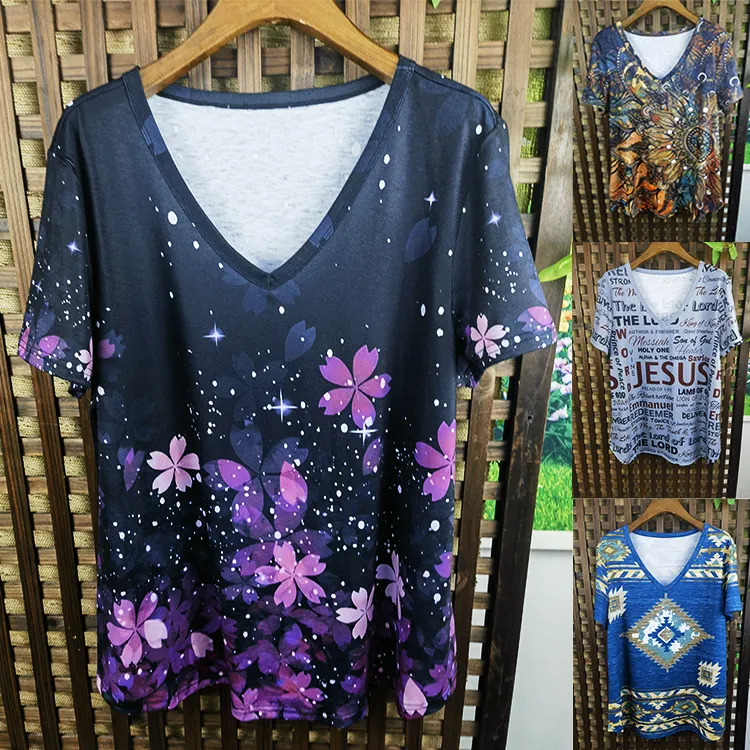 2023 Summer Wholesale Plus Size S-3xl BOHO Style Graphic V NECK Women Floral Tops Women's T-shirt