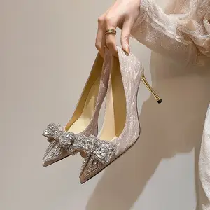 Summer Ladies Silver Thin High Heels Luxury Rhinestone Shiny Party Heels High Quality Wedding Bride Shoes