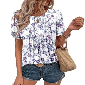 Dropshipping Shopify Blusa Túnica Casual de Verano para Mujer, Tallas Grandes, Estampado Floral, Cuello Redondo, Manga Corta, Fruncida - Product Image 5