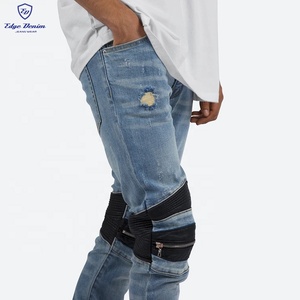 Bordo DENIM personalizzato blu nero con cerniera in <span class=keywords><strong>pelle</strong></span> plissettata Moto Biker <span class=keywords><strong>Jeans</strong></span> da uomo - Product Image 2