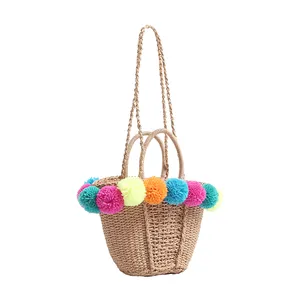 Borsa a tracolla ecologica da spiaggia estiva borsa a tracolla in paglia di carta con Pom Pom