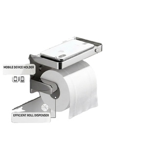 Porte-papier toilette mural moderne avec étagère pour appareil mobile, distributeur de rouleaux de papier toilette en acier inoxydable pour salle de bain - Product Image 1