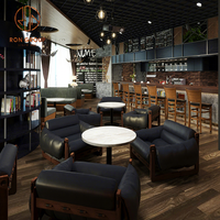 Ensemble de meubles de café moderne, de restaurant, de salon de thé, fauteuils en cuir avec pieds en bois et tables rondes en marbre blanc