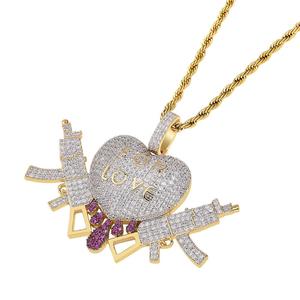 Hiphop Iced Out Double AK47 Heart inciso per collana con ciondolo amore - Product Image 4