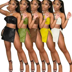 Wholesale Women's Leather Skirt Sets Pu Leather Crop Top And Skirt Zipper Split Two Piece Pu Skirt Sets Women Clothing