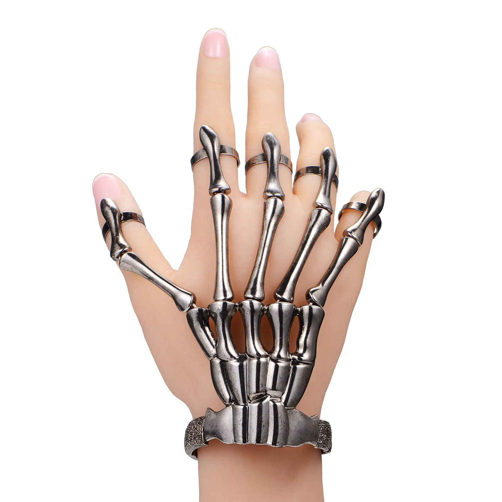 Unisex Bracelet En Acier, Punk Halloween Wristband Fingers Metal Skeleton Hand Bracelet With Ring Skull Skeleton Hand Bracelet