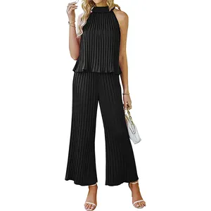 Womens 2 Piece Outfits 2023 Halter Neck Sleeveless Flowy Tie Back Top Long Wide Leg Pant Set Loose Pleated Suit