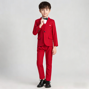 Completo Abito da Cerimonia per Bambini 2026: Completo da Bambino per Spettacoli, Abito da Damigella d'Onore, Stile Inglese in Misto Cotone Rosso - Product Image 3