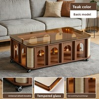 Nouvelle Table Basse Longue de Salon Style Médiéval 2026 pour la Maison, en Bois Massif Haut de Gamme avec Verre Trempé, Mobile, pour Personnes et Animaux