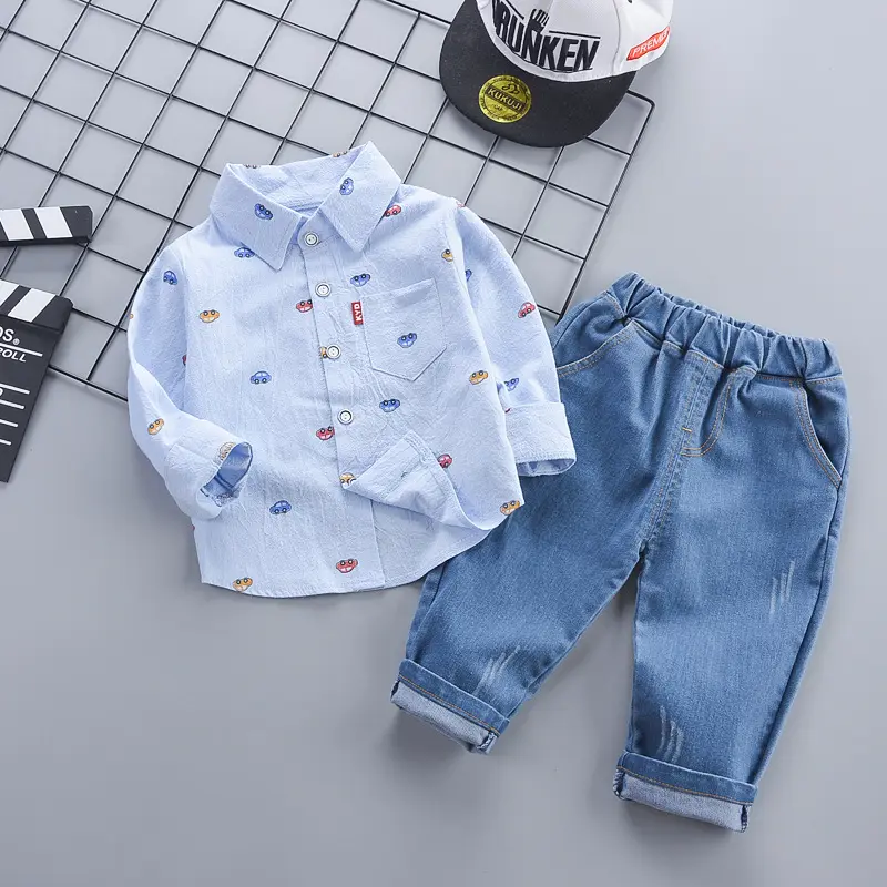 Nouveau Style bébé garçon printemps vêtements ensembles à manches longues chemise et jean 2 pièces ensemble voiture imprimé enfant vêtements décontractés ensembles