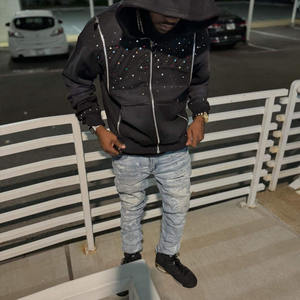 Streetwear personnalisé Sun Fade Hooded Heavyweight Diamond Acid Wash Sweats à capuche couverts de strass pour les hommes - Product Image 3